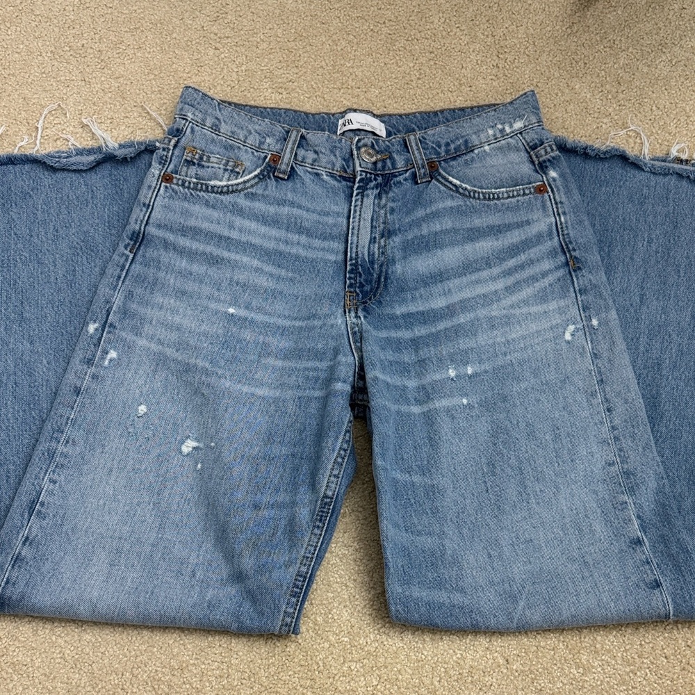 Zara Wide Straight Jeans Size 2 Fringed Hem - Picture 2 of 14